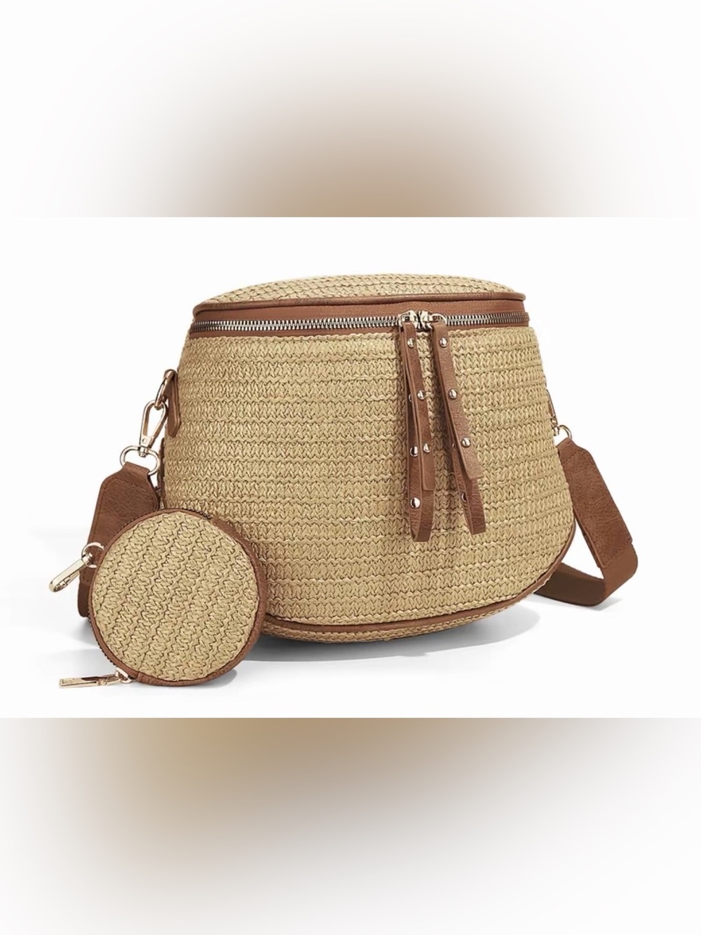 Straw Large Crossbody , PU Leather Trim BumBag with pouch(7.48 x 11.02)
